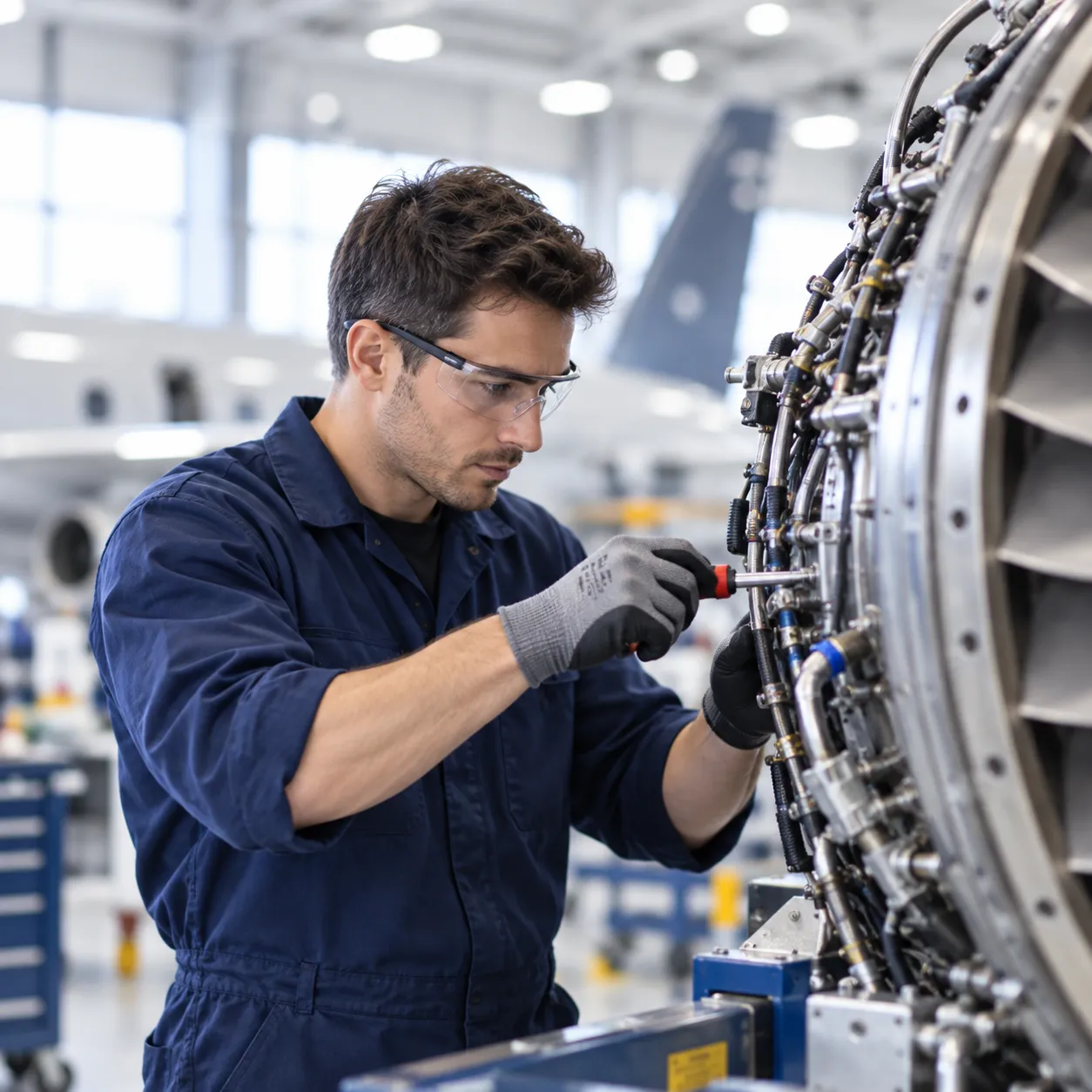 Arbeit an einem Flugzeugtriebwerk