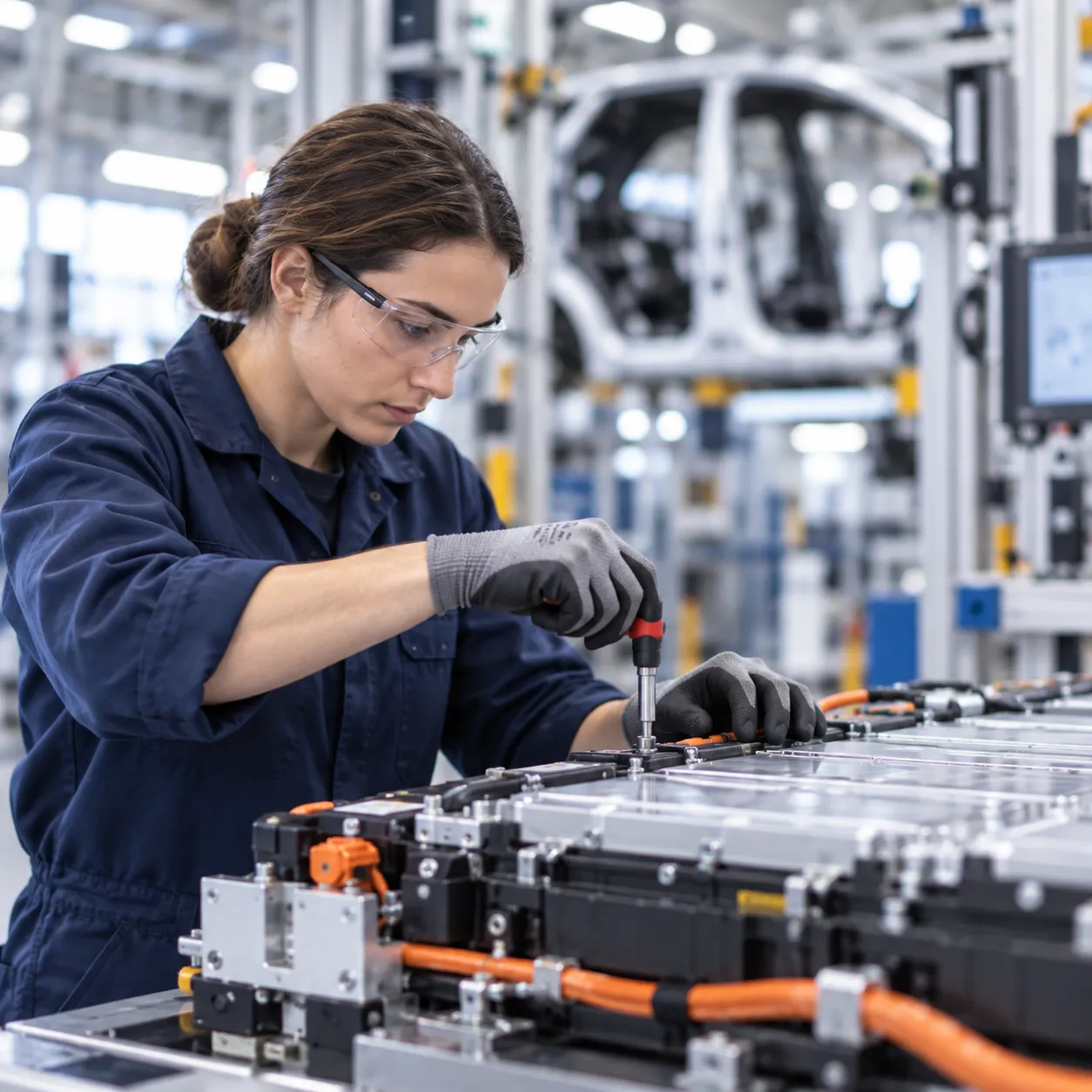 Montage eines Batteriepakets in der Fahrzeugfertigung
