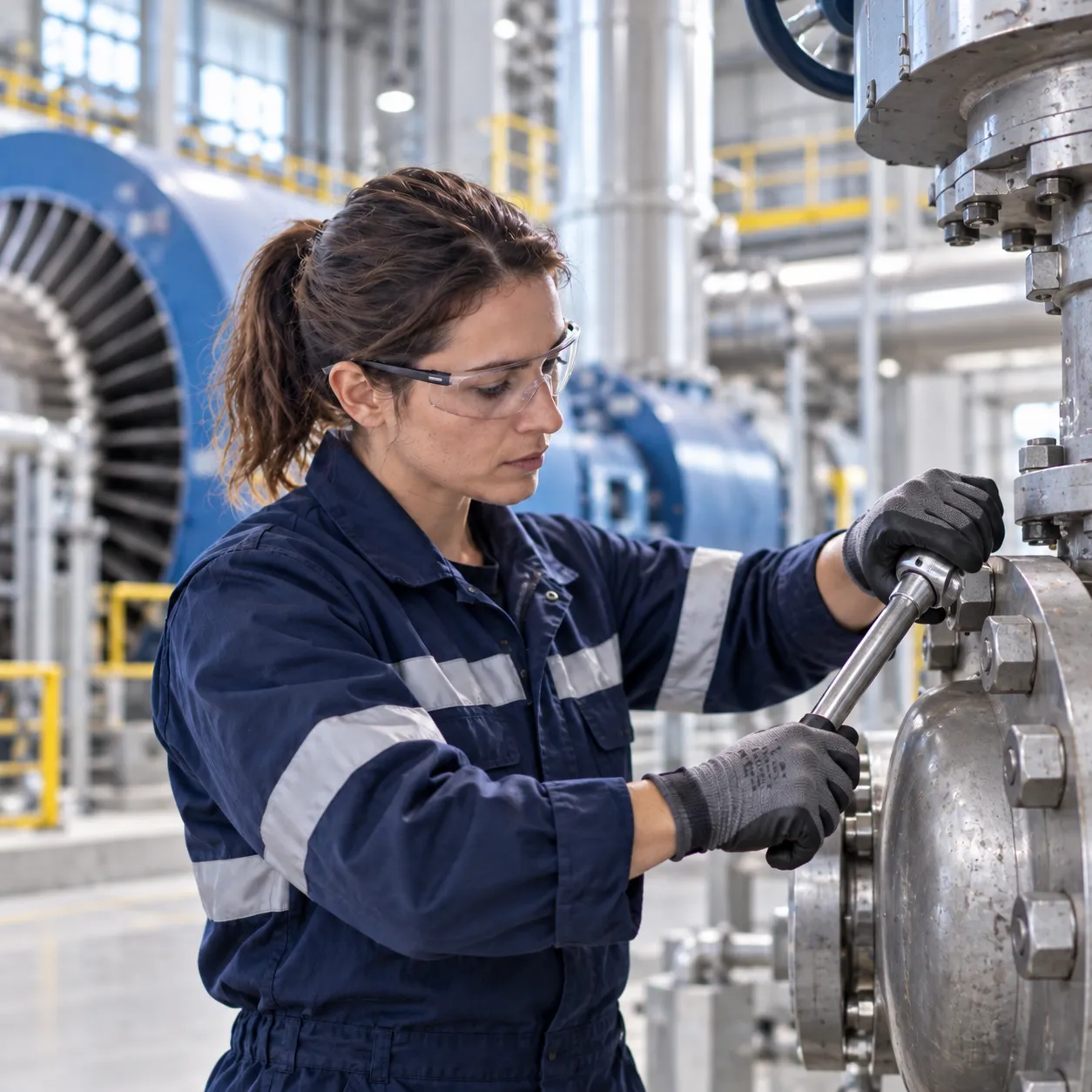 Technician torquing a flange in an energy plant