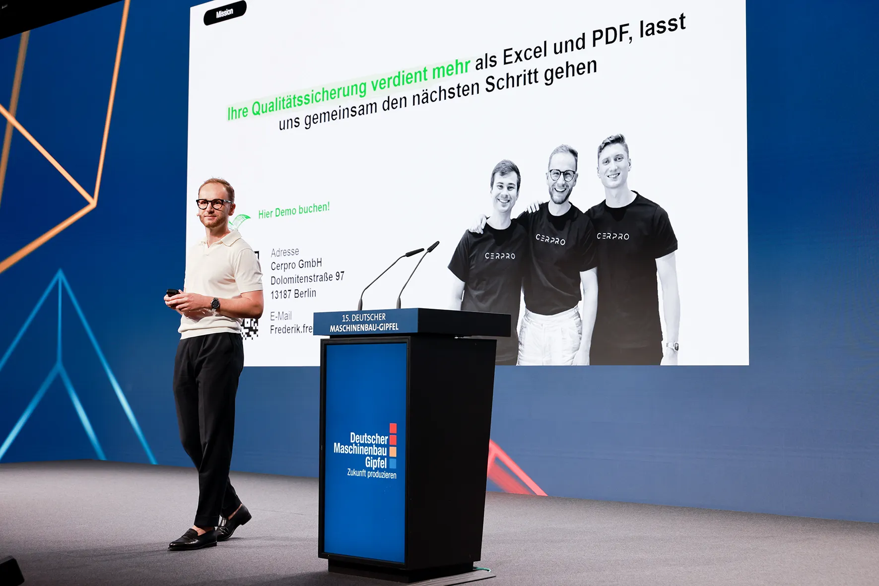 A Drevise founder speaking at a manufacturing event