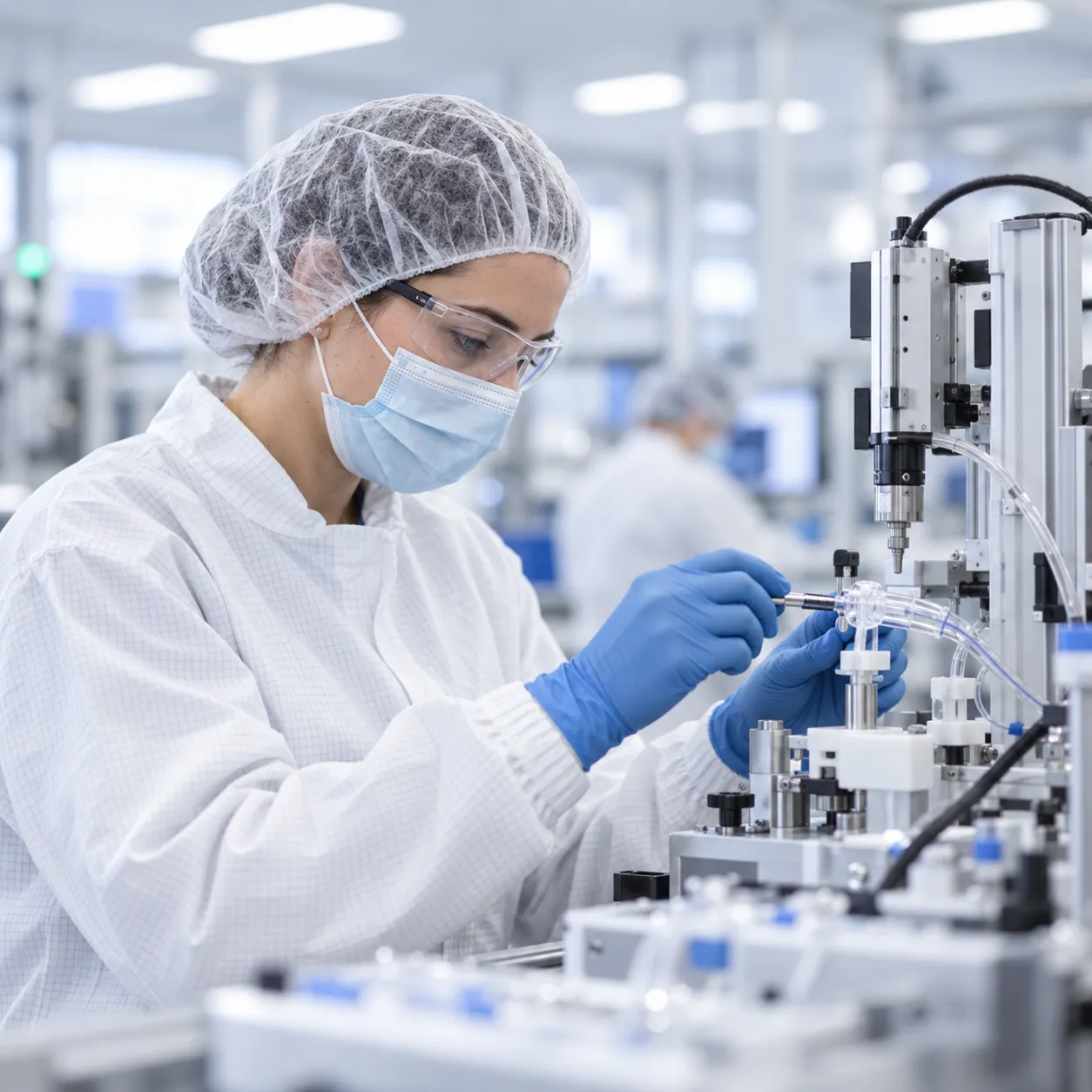Technician assembling a medical device in a cleanroom