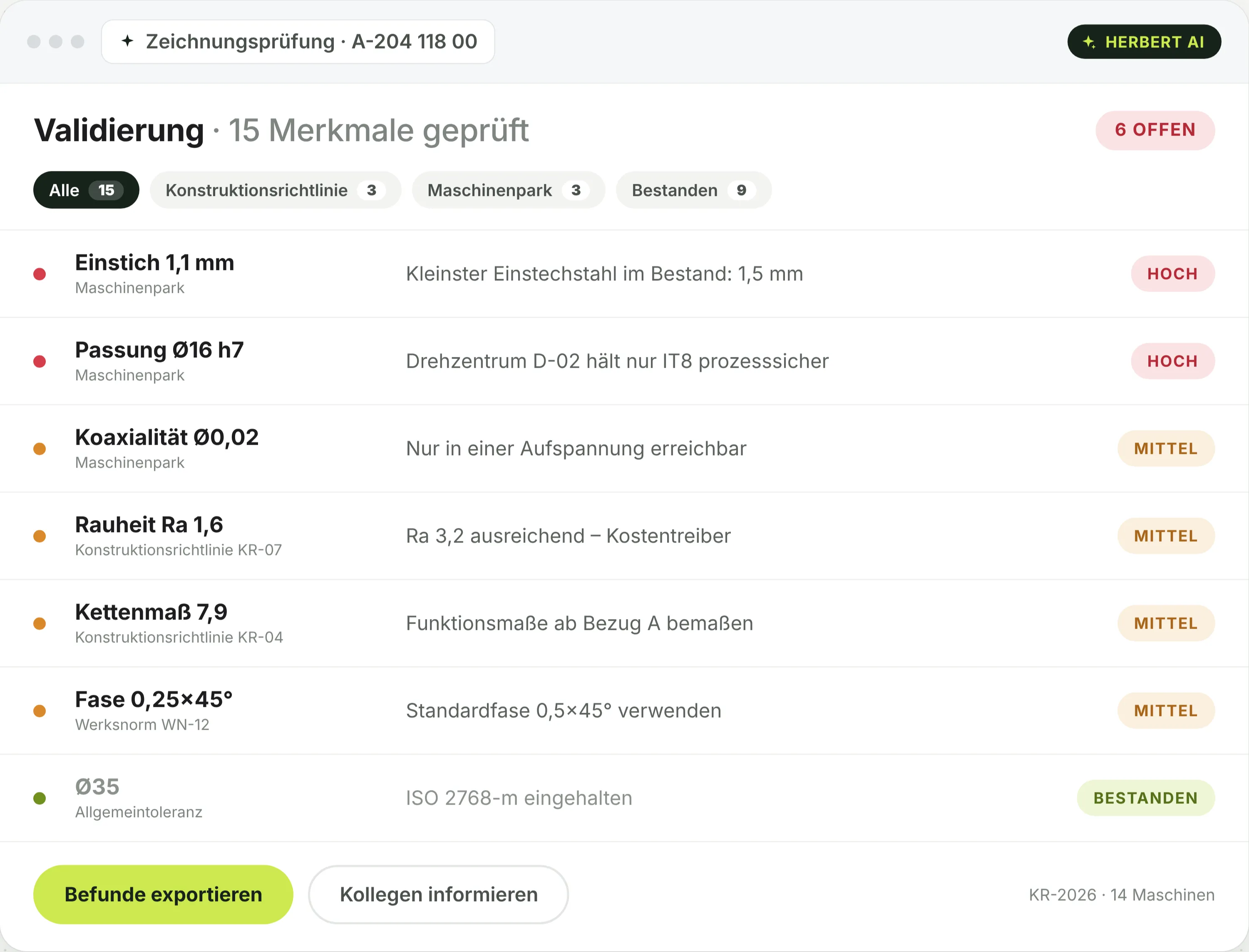 Zeichnungsprüfung: Validierung von 15 Merkmalen