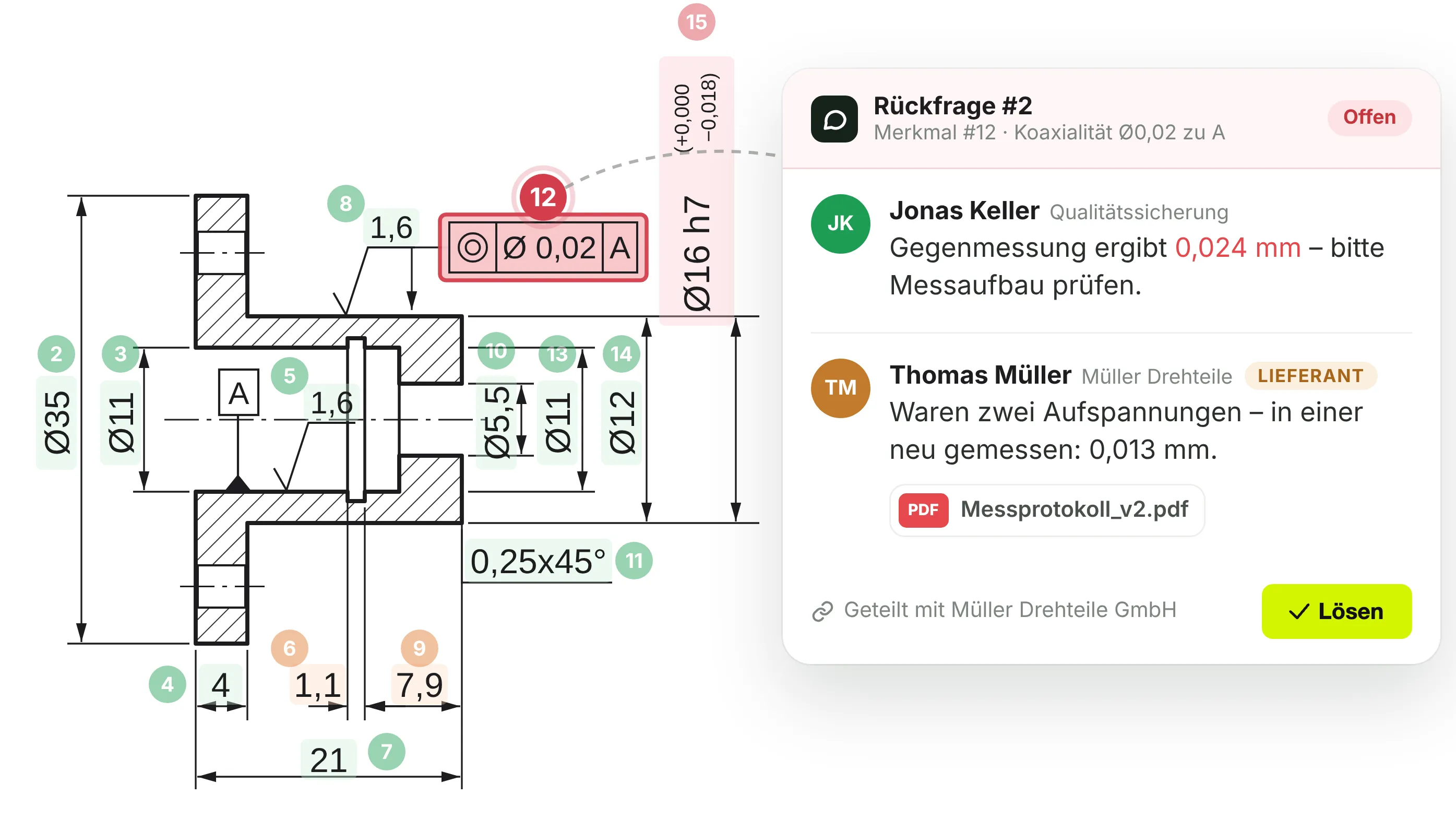 Rückfrage zwischen Qualitätssicherung und Lieferant zu Merkmal 12