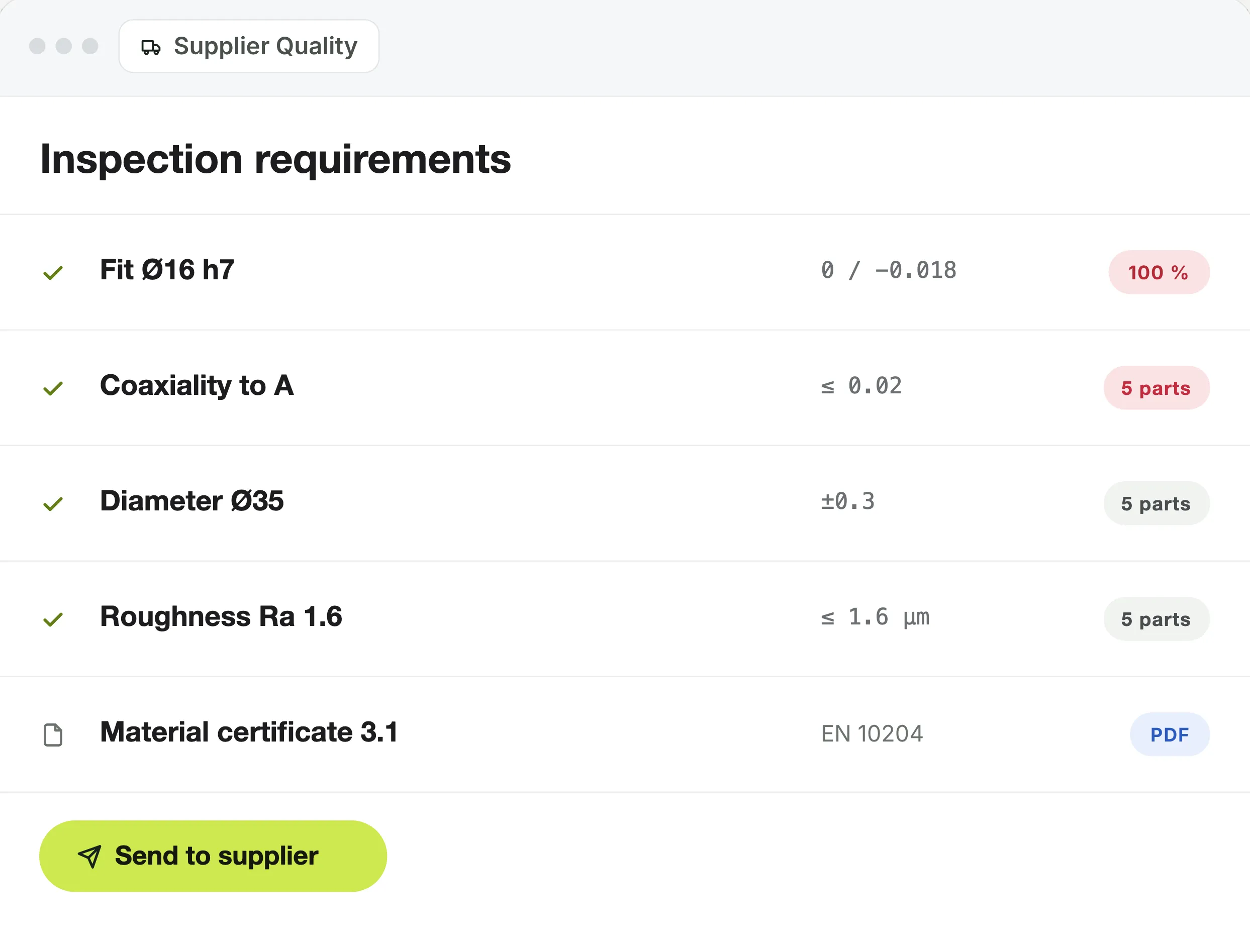 Inspection requirements for supplier: inspection plan and requested documents